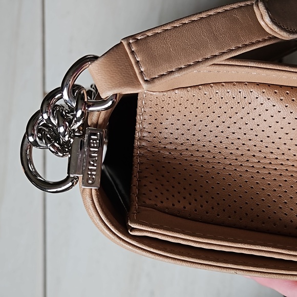 CHANEL Boy Bag Perforated Lambskin Quilted Leather Silver Tan w/Card - Picture 16 of 17